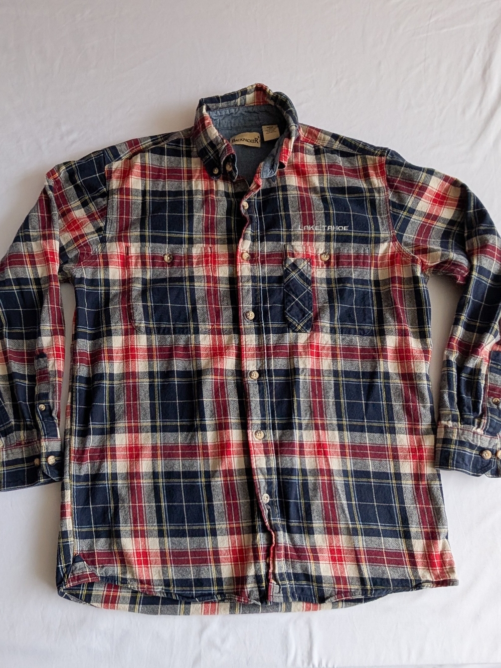 Backpacker Men’s Lake Tahoe Red, White, Blue & Yellow Shirt Medium Vintage